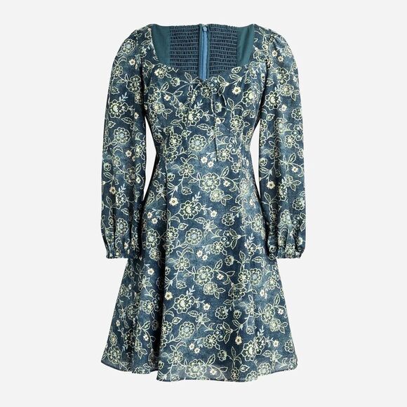 J. Crew Sweetheart Long Sleeve Mini Dress Vintage Vines Fabric Green Floral 00 - Picture 2 of 10